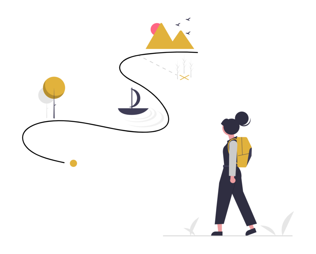 Femme marchant vers des montagnes.